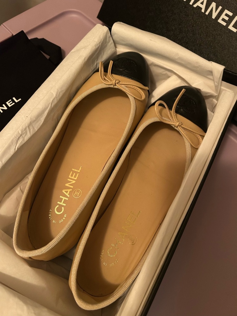 Chanel Lambskin Ballerinas in Beige & Black - Picture 3 of 8